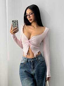 SHEIN EZwear Women Cropped Casual Distressed Ribbed Twist Detail Long Sleeve T-Shirt