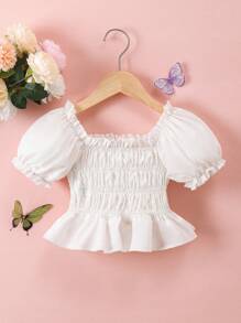 SHEIN Young Girls Cute Puff Sleeve Butterfly Decoration Blouse Top, New Spring/Summer Design