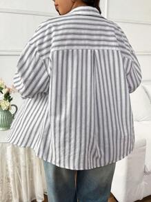 SHEIN Frenchy Plus Size Casual Loose Striped Shirt, Spring/Summer - Black and White - View 2