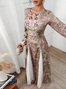 Yasmyna 女士花卉提花圆领长袖优雅阿拉伯风格 Jalabiya 连衣裙 女士连衣裙 优雅女士正式、端庄 - 彩色 - 查看 1