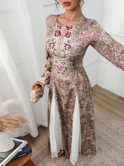 Yasmyna 女士花卉提花圆领长袖优雅阿拉伯风格 Jalabiya 连衣裙 女士连衣裙 优雅女士正式、端庄