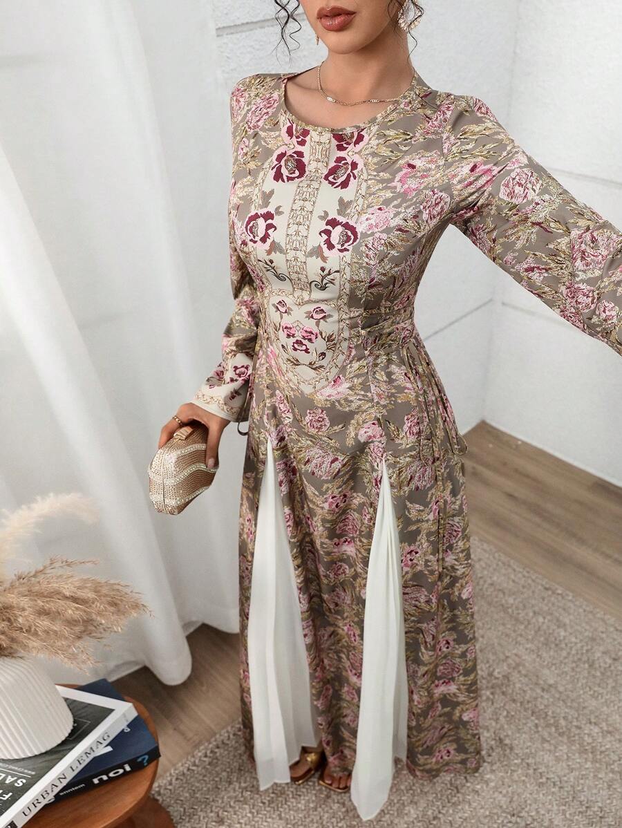 Yasmyna 女士花卉提花圆领长袖优雅阿拉伯风格 Jalabiya 连衣裙 女士连衣裙 优雅女士正式、端庄 - 彩色 - 查看 1