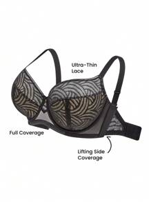 LUVLETTE 加黑色内衣休闲曲线透明全覆盖支撑透气钢圈性感无衬里蕾丝优雅网眼迷你文胸 - 黑色 - 查看 2