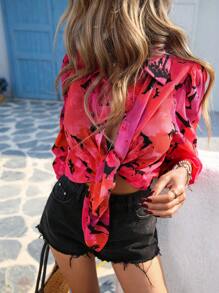 Vivid Eden Woven Printed Lantern Sleeve Loose Women's Blouse,Summer Clothes,Valentine's Day,Vacation Outfits Woman,Beach Outfits For Woman, Festival,Romantic,Bohemian,BOHO, Sweet,Rave Outfits Festival,Tropical Vacation Woman Clothes,Carnival - Hot Pink - View 5