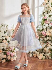 Vestido de princesa elegante, luxuoso e adorável com decoração de malha e lantejoulas para meninas pré-adolescentes - Azul - Ver 5