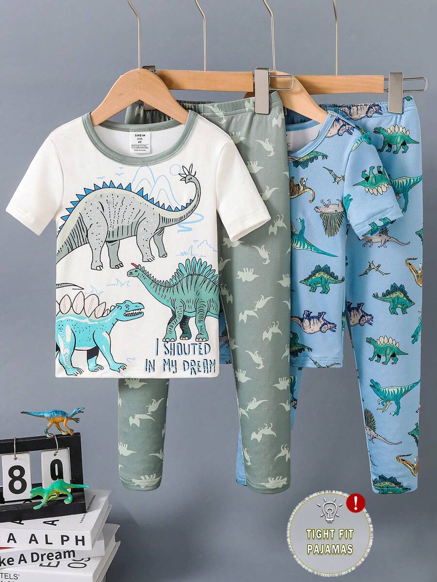 2 件套小男孩舒适恐龙印花短袖上衣和舒适裤子 2 件套睡衣套装 - 藍色 - 查看 1