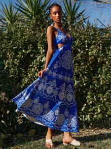 Travachic Women Casual Hollow-Out Wide Strap Long Dress - Blue - View 7