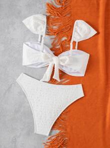 Swim Mod Women's Special Fabric Cap Sleeve Top & High-Waist Bottom Bikini Swimwear Set, For Summer Beach Vacation - White - View 2