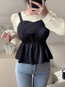 DAZY 女士休闲撞色拼布长袖衬衫，秋季女装