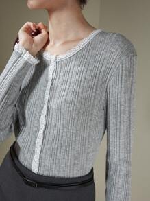 Muvela Women Gray Color Block White Lace Edge Single Breasted Fitted Knit Top, Spring Long Sleeve Top Valentines Sweater Spring Tops - Grey - View 7