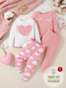 2 件套女婴心形字母和睫毛印花粉色长袖上衣和裤子紧身睡衣 - 粉色 - 查看 1