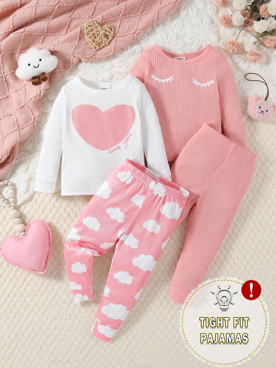 2 件套女婴心形字母和睫毛印花粉色长袖上衣和裤子紧身睡衣 - 粉色 - 查看 1