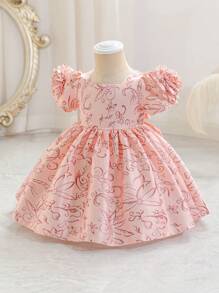 SHEIN Glamorique Kids Vestito formale/da festa per bambini, di colore unito, con vita arricciata e gonna a balze, maniche a sbuffo, elegante per occasioni, adatto per tutte le stagioni - Rosa - Visualizzare 6
