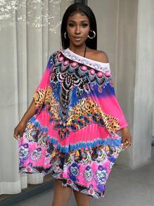 SHEIN Slayr Fluorescent Color Positioning Print Sexy Swimsuit, Spring Break Beach Dress Cover-Up With Short Sleeve