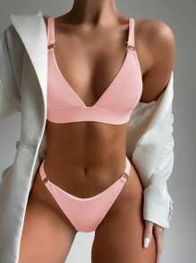 SHEIN Swim Springbreak 简约时尚 2 件套泳衣比基尼套装，休闲日常穿着，适合夏季海滩度假 - 粉色 - 查看 1