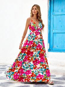 Vivid Eden 编织浪漫花卉印花交叉露背 V 领细肩带女式连衣裙，夏季服装，情人节，女士度假服装，女士沙滩装，节日，浪漫，波西米亚风，波西米亚风，甜美，狂欢节服装，热带度假女装，狂欢节，太阳裙