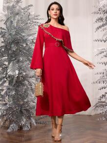 Modelyn 3D 花卉不对称袖女式连衣裙 - 紅色 - 查看 7