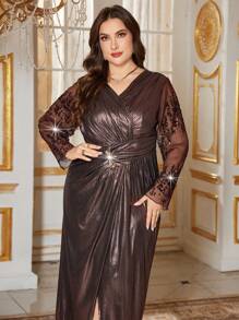 Modelyn 大码女式优雅钻石装饰褶皱连衣裙、正式晚礼服 - 金色 - 查看 1