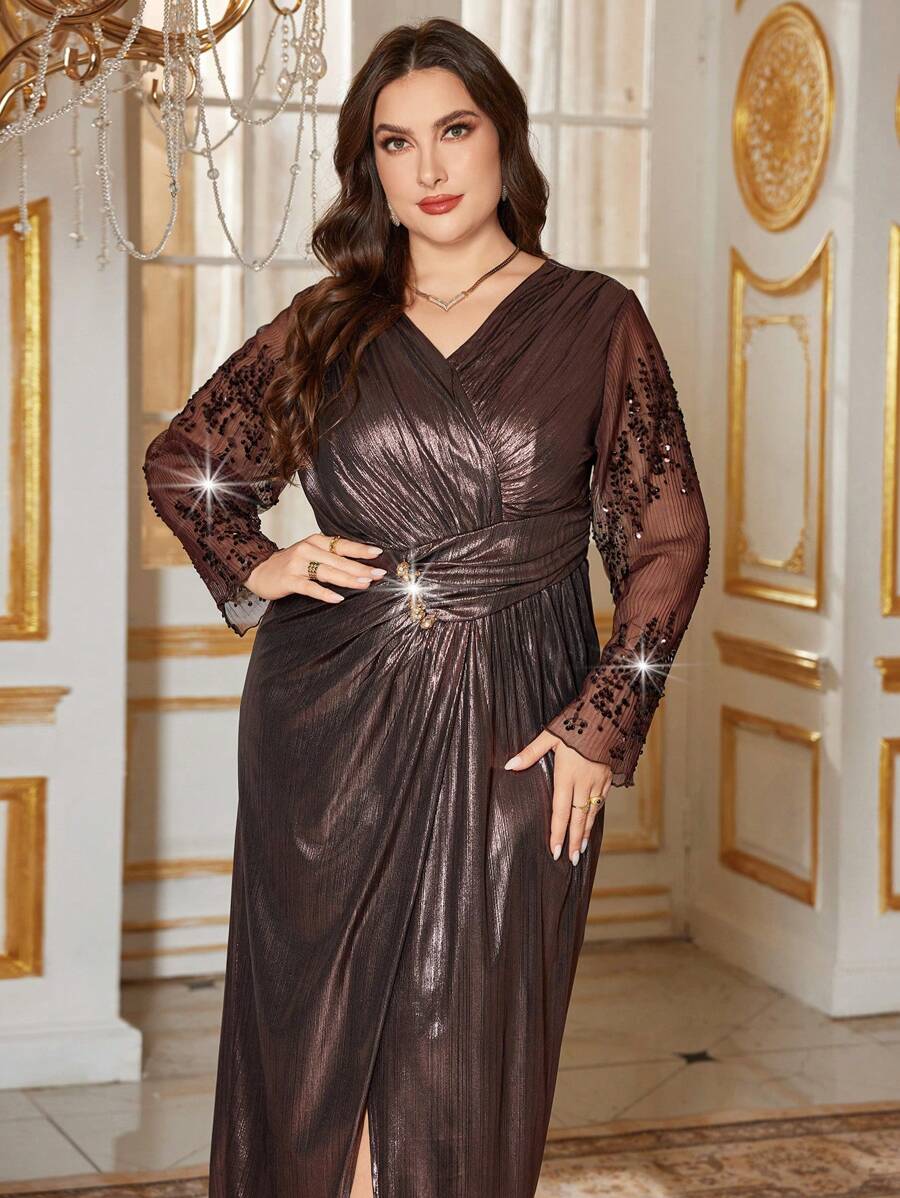 Modelyn 大码女式优雅钻石装饰褶皱连衣裙、正式晚礼服 - 金色 - 查看 1