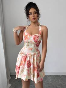 Elenzga 度假乡村春季花卉印花弹性腰部 A 字型优雅浪漫女士连衣裙 - 彩色 - 查看 3