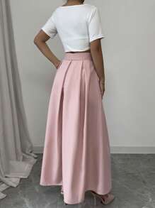 Chiquease Women's Elegant Bowknot High Waist Pleated Maxi A-Line Skirt, Suitable For Work - Pink - View 2