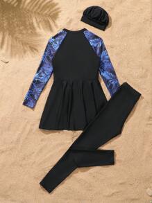 Teenagers Girls Floral Print Zipper Spaghetti Strap Top Bikini, Solid Black Bottom Mini Skirt And Long Pants