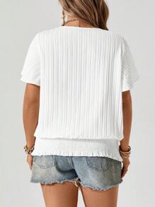 Freevana Plus Size geplooide zoom elastische korte mouwen ronde hals blouse