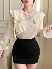 DAZY 女士蕾丝拼布荷叶边下摆长袖休闲衬衫，秋季女装 - 杏色 - 查看 10