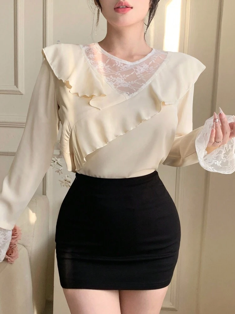 Women Lace Patchwork Ruffle Hem Long Sleeve Casual Blouse,Fall Women Clothes