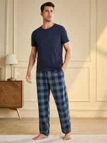 2 件套男士纯色短袖格子裤睡衣套装，家居服