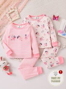 Conjunto de 2 piezas para bebé niña con diseño de dibujos animados, top de cuello redondo de manga larga y pantalones de ajuste ceñido, atuendo acogedor, primavera otoño