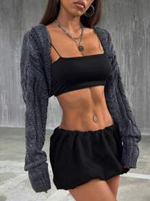 StreetHx Streetwear Women Gray Ribbed Twist Open Front Thin Cardigan, Spring/Summer - Black - View 5