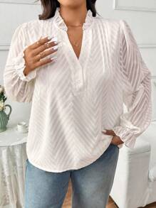SHEIN Frenchy Blusa de manga larga con cuello en V y ribete de volantes para mujer de talla grande