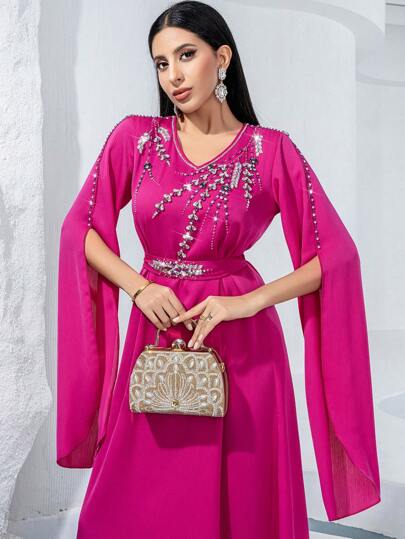 Al Najma 紫红色女士优雅阿拉伯花卉水钻开袖连衣裙