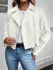 SHEIN LUNE 女式仿皮休闲基本款常规夹克，适合户外穿着，秋冬女装 - 白色 - 查看 4