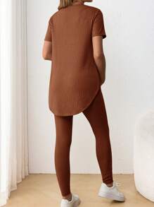 SHEIN Maternity Casual Round Neck Short Sleeve Side Slit T-Shirt With Adjustable Waist Loose Pants 2 Pieces Set - Redwood - View 4