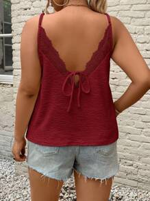 SHEIN Frenchy Texture Back Lace-Up Vacation Plus Size Women's Tank Top - Red - View 6