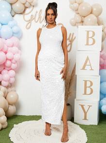 Loomaby Maternity Ruched Gender Reveal Dress For Baby Shower Party - White - View 4