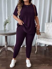 SHEIN LUNE 大码女式休闲两件套，圆领短袖上衣和裤子 - 紫色 - 查看 6