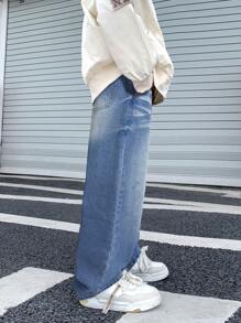 SHEIN Tween Boy Fashion Casual Design Water Ripple Blue Loose Straight Leg Jeans For Dailywear And Fall Kids Clothes - Medium Wash - View 4