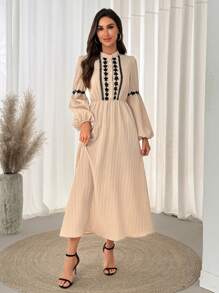 SHEIN LUNE Stand Collar Button Half-Open Sleeve Lace-Paneled Elastic Waist Flare Hem Casual Beach Vacation Elegant Midi Dress, Ribbed Fabric