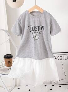 SHEIN Girls Summer New Arrival Round Neck Short Sleeve Front Print Mesh Hem Design Sweet Minimalist Fashion Loose Fit Dress