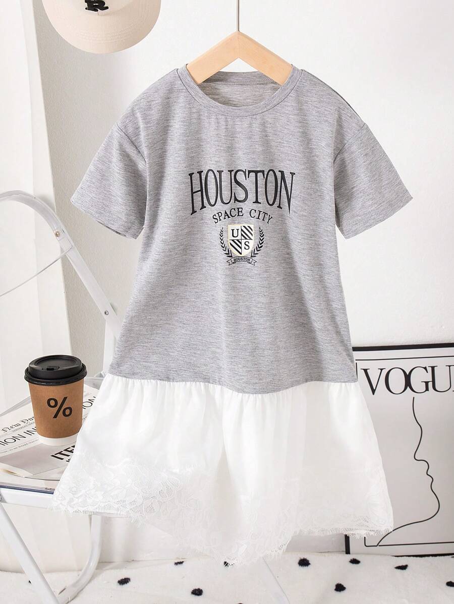 SHEIN Girls Summer New Arrival Round Neck Short Sleeve Front Print Mesh Hem Design Sweet Minimalist Fashion Loose Fit Dress