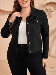 Plus Size Simple Front Button Long Sleeve Pocket Casual Denim Jacket