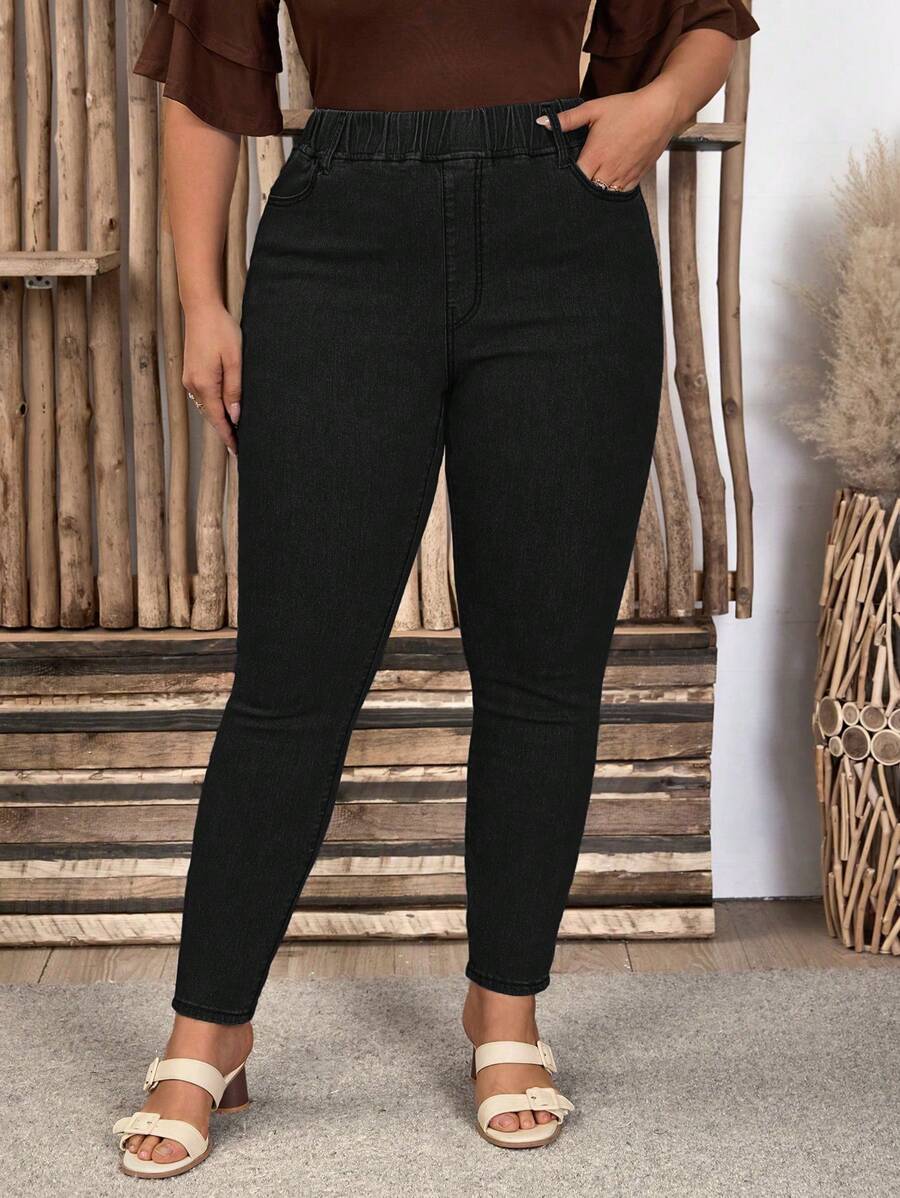 EMERY ROSE 大码休闲百搭纯色弹力紧身牛仔裤 - 黑色 - 查看 1