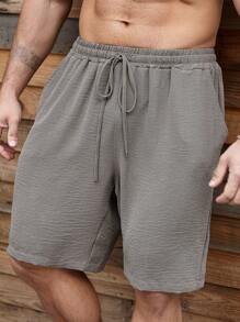 Manfinity Homme Plus Size Men's Solid Color Front Tie Pocket Casual Shorts