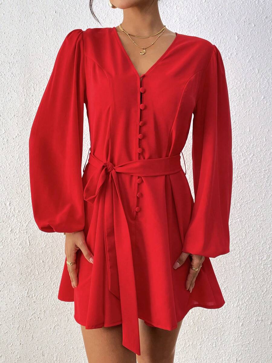Women's Solid Color Long Sleeve Tied Waist Simple Casual Short Elegant Dress Fall Cloth For Women - Red - View 1