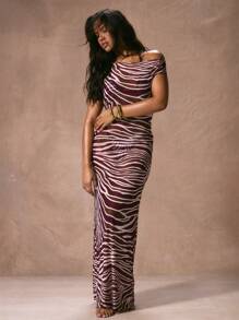 Musera Resort Asymmetric Neck Short Sleeve Print Chiffon Fitted Maxi Cover Up Beach Dress Swim Vacation Spring Summer Elegant Sexy Beach Resort Ibiza Swim Acai Fall Winter