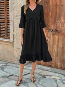 EMERY ROSE Women V-Neck Pleated Simple Casual Mid-Long Dress - Black - View 5