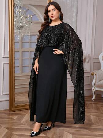 SHEIN Privé 女士优雅浪漫时尚通勤性感风格连衣裙，适合派对、度假、返校、浪漫约会、婚礼和生日，闪亮斗篷紧身长款黑色连衣裙